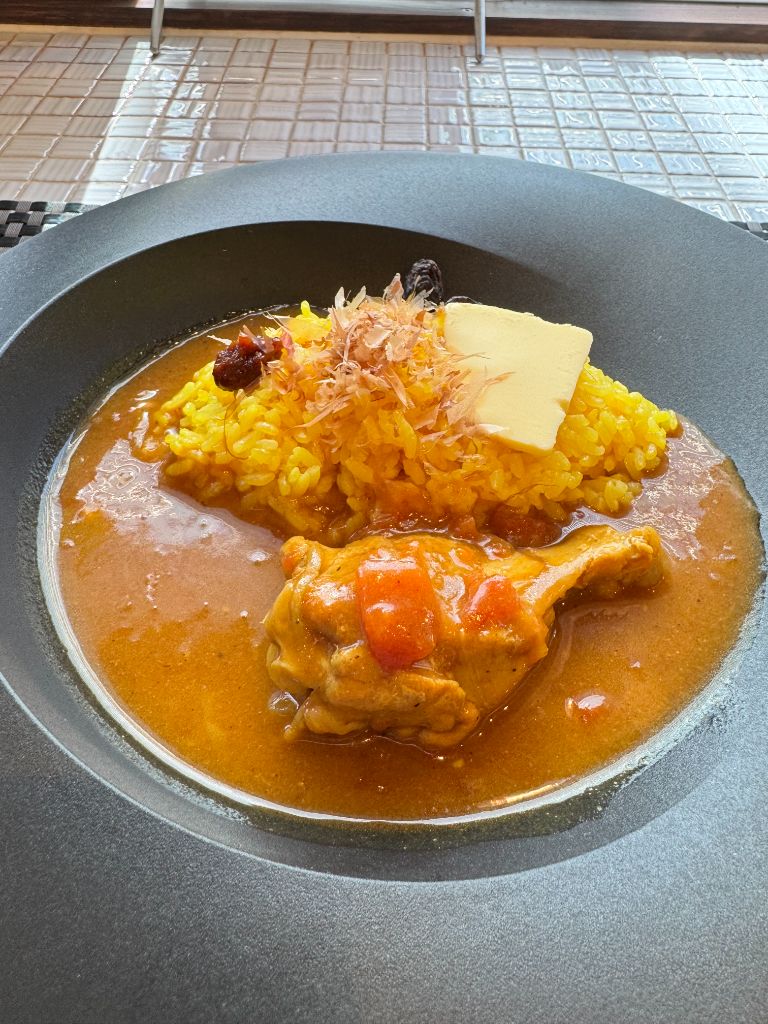 骨付きの鶏肉が入った出汁カレー
